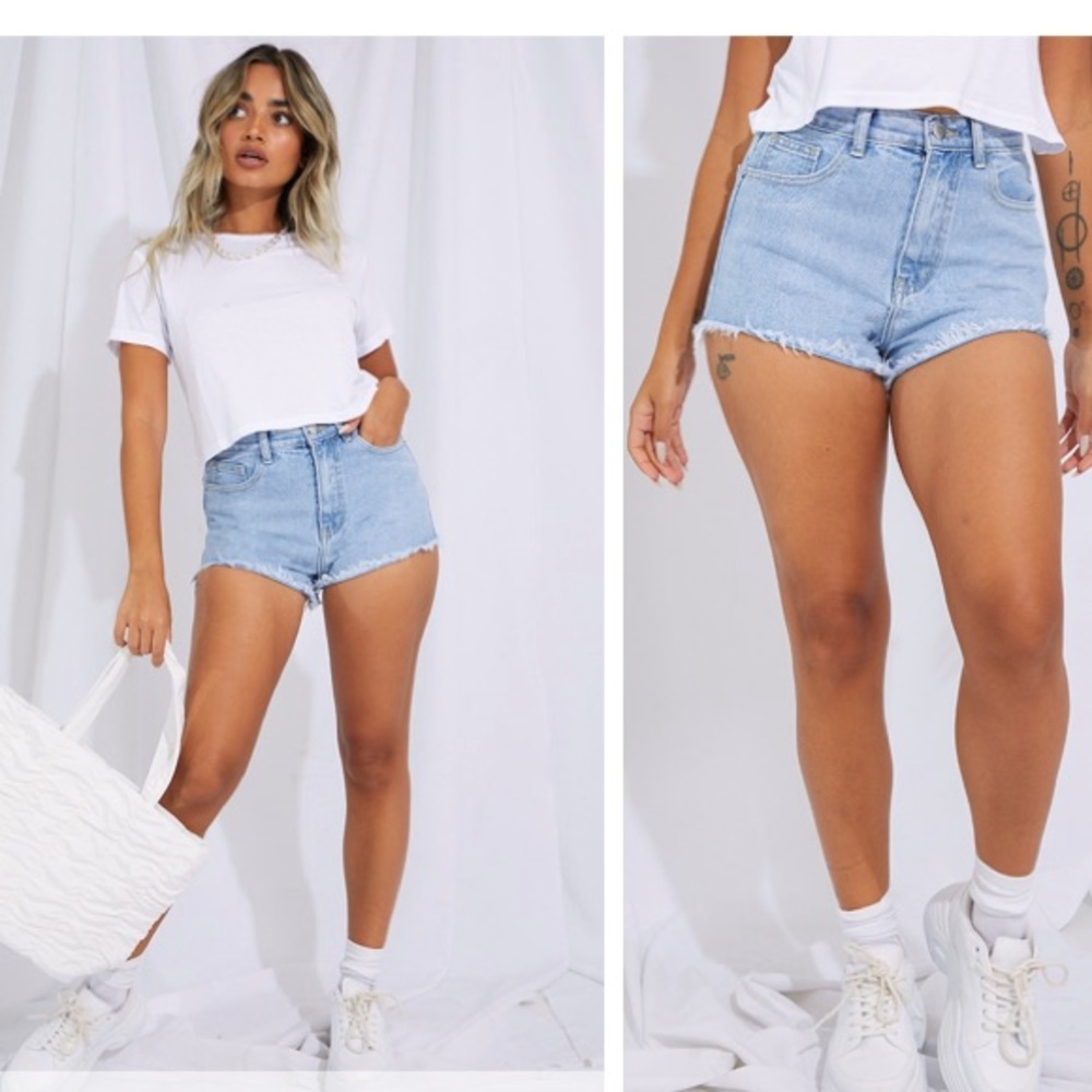 PLT Light Blue Wash Frayed Denim Shorts